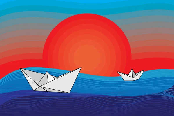 Illustration Der Zusammenfassung Von Papierboot Mit Linienwelle Auf Blauem Und — Stockvektor
