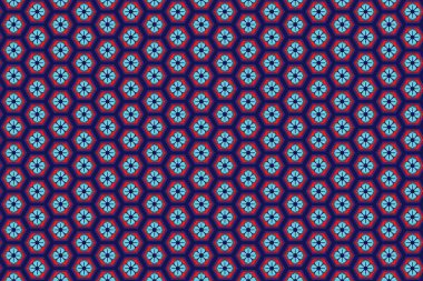 Derin mavi arkaplanda altıgen desenli soyut çiçeğin çizimi.