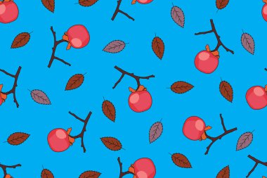 Mavi arka planda yaprakları olan hurma meyvesi tasviri.