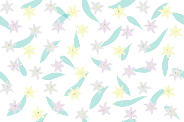 白地に葉を持つ百合の花のイラストパターン — ストックベクタ