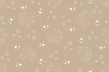 Kahverengi arka planda noktalı ve yıldızlı beyaz kedi çizgisi.