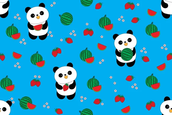 Patrón Ilustración Del Oso Panda Con Fondo Fresa Sandía — Vector de stock