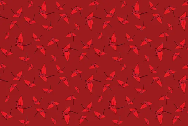Illustration Grupp Röd Origami Fågel Flyger Med Djup Röd Bakgrund — Stock vektor
