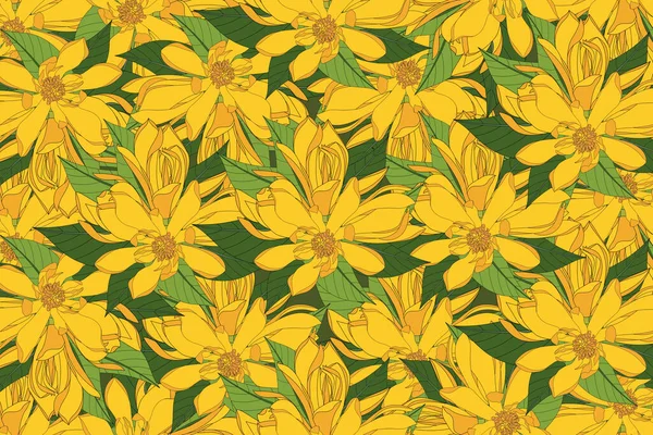 Illustration Yellow Champaka Blooming Flower Leaves Background — Vetor de Stock