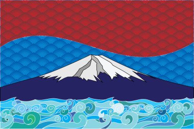 Fuji Dağı ve dalga arkaplanı tasviri.