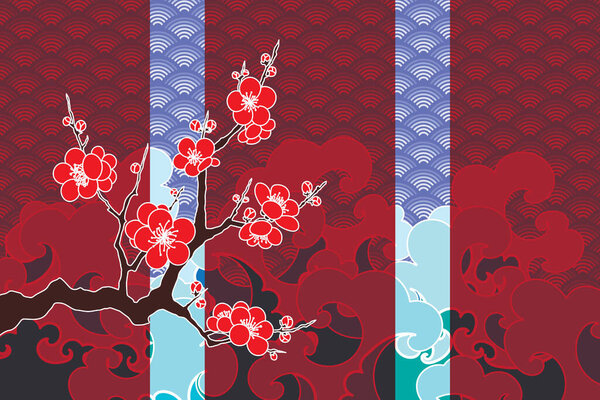 Illustration of the cherry blossoms flower on branch with wave background.