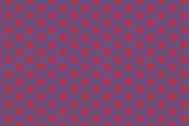 Mavi sekizgen desenli arka planda kırmızı çiçeklerin soyutlanması.