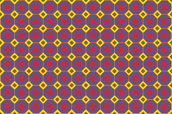 Illustratie Abstractie Van Rode Bloemen Blauw Achthoek Patroon Met Gele — Stockvector