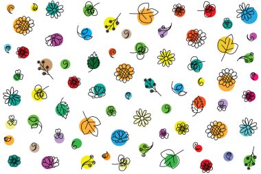 Çiçeğin çizim çizgisi ve beyaz arkaplanda daire renginde yapraklar.