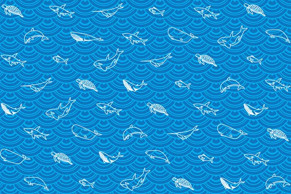 Иллюстрация White Line Ocean Animal Blue Wave Background — стоковый вектор