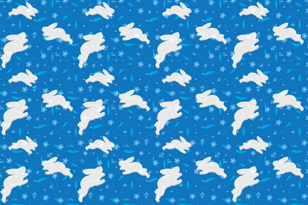 Illustration, pattern of the rabbit on blue flower and leaves on blue background.