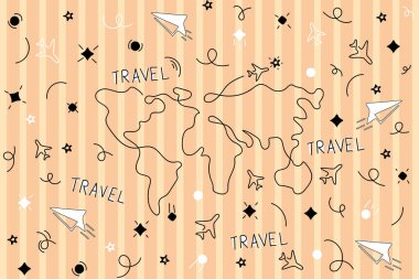 Yumuşak kahverengi arkaplan üzerinde çizgi ve yıldız olan harita ve uçak çizgisi.