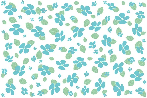 Illustration wallpaper of blue hydrangea flower with leaves on white background.