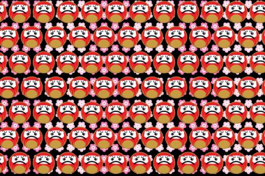 Çizim, daruma deseni ve siyah arkaplanda sakura çiçeği.