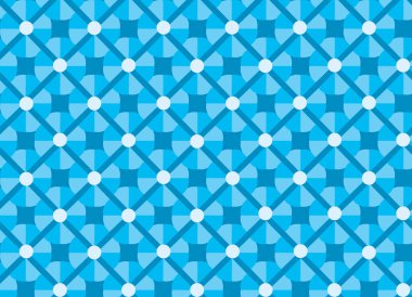 Mavi arkaplanda beyaz daireli mavi kare çiçeklerin çizimi.