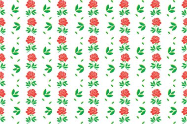 Beyaz arkaplanda yapraklı gül çiçeği deseni.