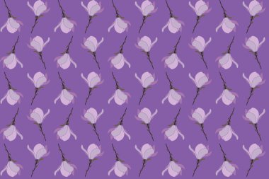 Yumuşak menekşe arkaplanda Verbanica fincan tabağı manolya çiçeğinin çizim deseni.