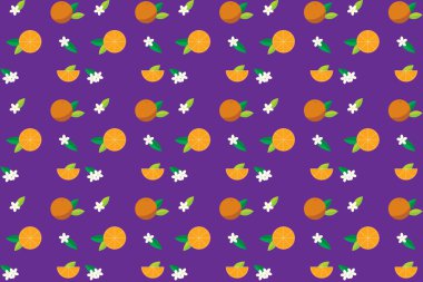 Resim deseni, portakal meyvesinin soyut ve mor arka planda yaprak ve çiçekli hali.