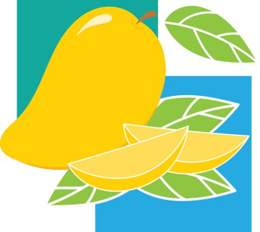 Kare arkaplanda mango meyvesi ve parçaları tasviri.