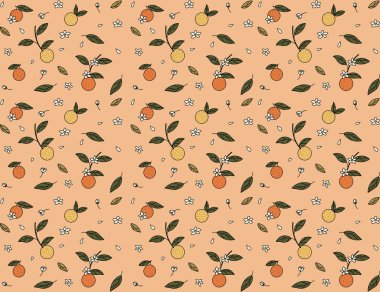 Turuncu meyve ellerinin yumuşak turuncu arka planda yaprak ve çiçekle çizilmiş hali..