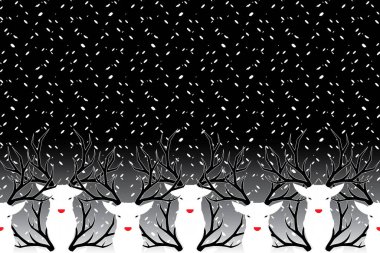 Siyah arka planda geyiklerle yağan karlar.