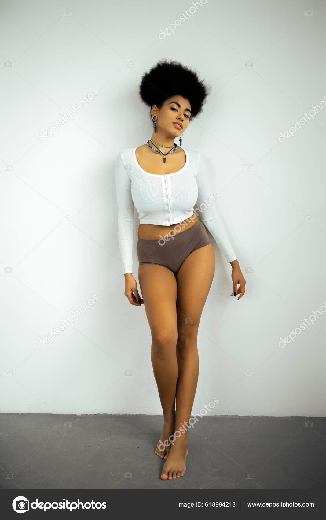 Full Length Barefoot African American Woman Long Sleeve Shirt Panties Stock  Photo by ©AllaSerebrina 618994218