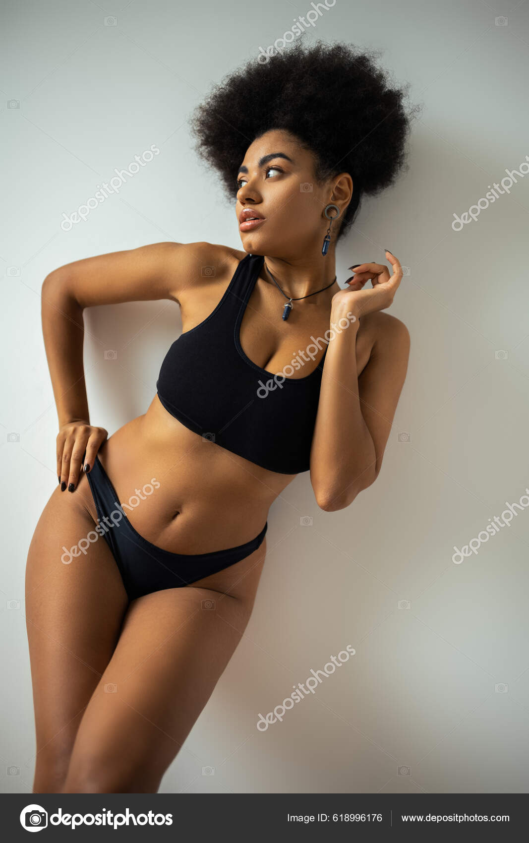 Sexy African American Woman Crop Top Panties Touching Hip