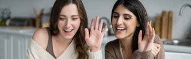 Smiling lesbian couple waving hands in kitchen at home, banner  clipart