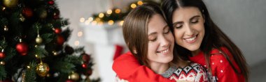 Süveterli bir kadın süslenmiş Noel ağacının yanında neşeli kız arkadaşını kucaklıyor. 
