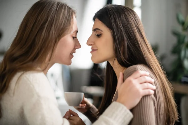 Side View Woman Sweater Hugging Partner Cup Home — Stock Photo, Image