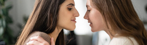 Side view of young woman hugging partner at home, banner 