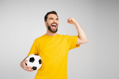 excited man holding soccer ball and screaming while showing win gesture isolated on grey clipart