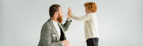 Side View Smiling Bearded Father Giving High Five Red Haired — Stock Photo, Image