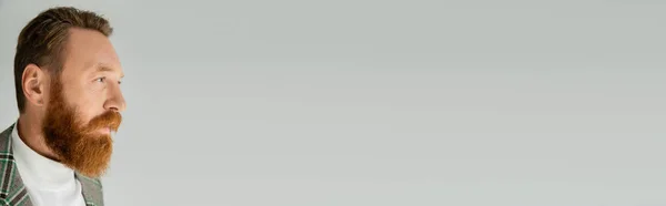Портрет Бородатого Чоловіка Черепашці Який Дивиться Ізольовано Сірому Банер — стокове фото