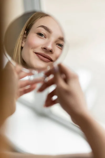 Smiling Woman Reflecting Blurred Mirror Home — Stock Photo, Image