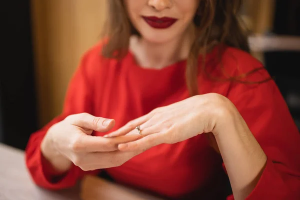 stock image cropped view of young bride with engagement ring on finger 