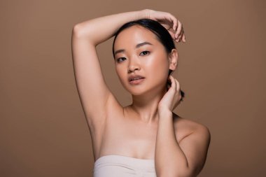 Portrait of pretty asian model touching hair and looking at camera isolated on brown 