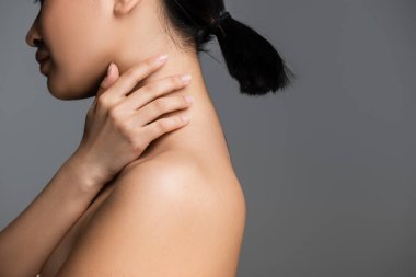 side view of cropped young woman with perfect skin and ponytail hairstyle touching neck isolated on grey