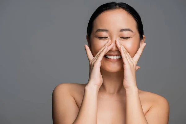 Asian Woman Natural Makeup Touching Face While Smiling Closed Eyes — Foto de Stock