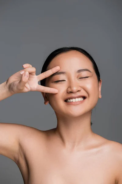 Happy Asian Woman Bare Shoulders Closed Eyes Showing Victory Sign — Foto de Stock