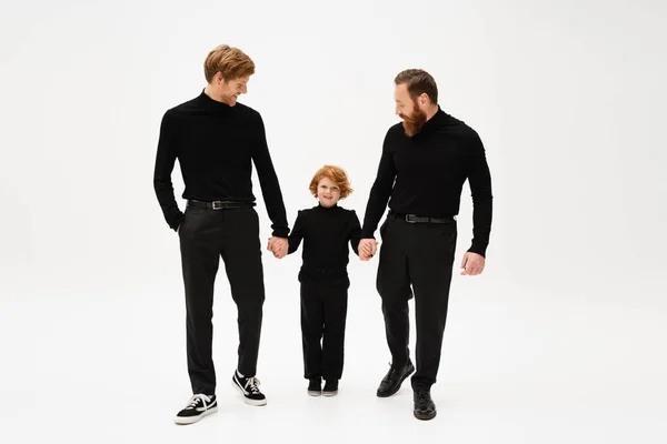 Full Length Happy Redhead Kid Holding Hands Bearded Grandfather Dad — Photo