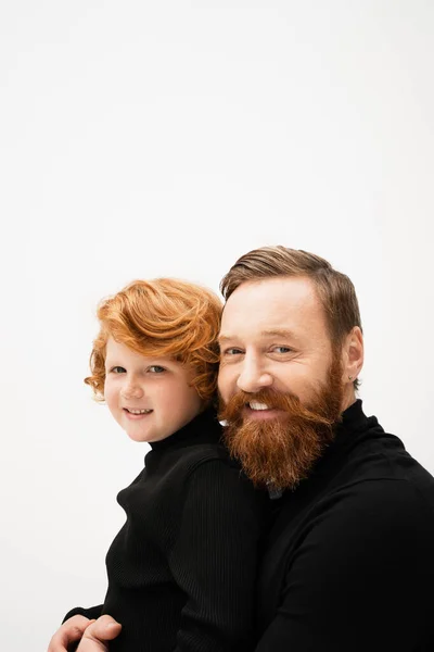 Happy Bearded Man Redhead Grandson Wearing Black Sweaters Looking Camera — Photo