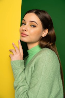 Portrait of teenager in jumper looking at camera near yellow and green background 