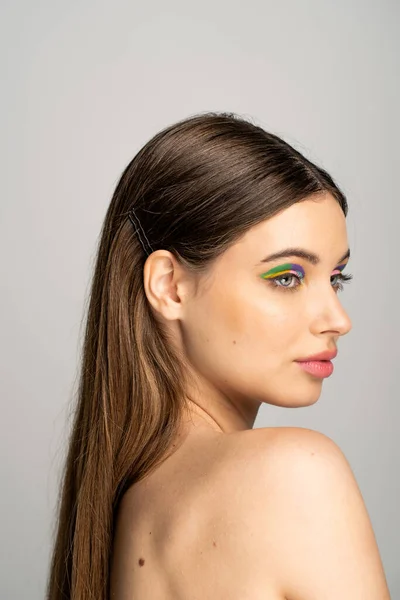 Pretty Teenager Naked Shoulders Colorful Visage Isolated Grey — Stockfoto