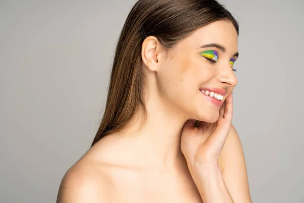 Smiling Teen Model Colorful Visage Naked Shoulders Touching Face Isolated — Stok fotoğraf