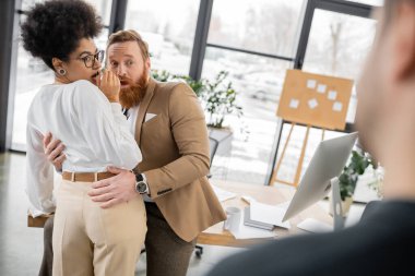 shocked african american woman getting caught by husband while cheating with bearded coworker  clipart