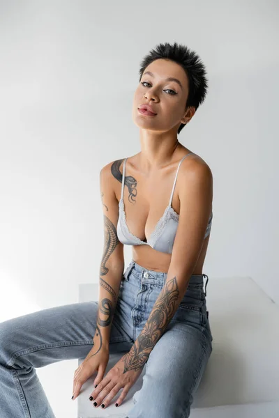 tattooed brunette woman in jeans and bra sitting on cube and looking at camera on grey background