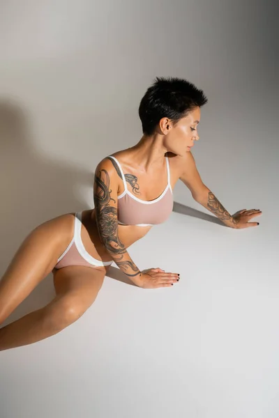 young brunette woman with tattooed body and perfect skin on grey background