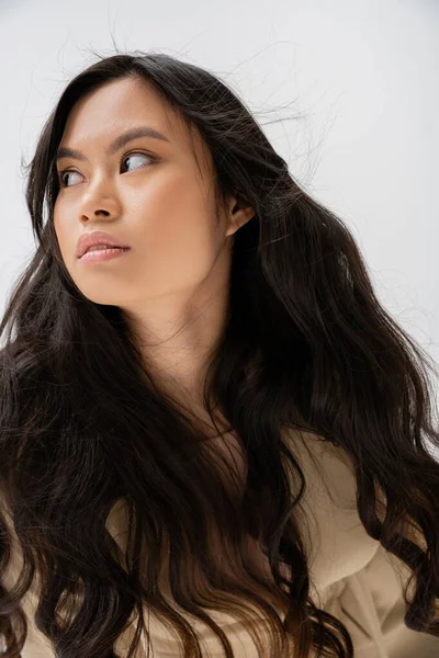 stock image portrait of young asian woman with long brunette hair and natural makeup looking away isolated on grey