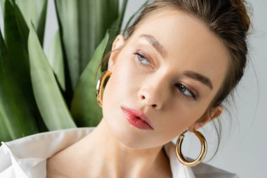 portrait of young woman with natural makeup and golden earrings looking away near blurred plant isolated on grey